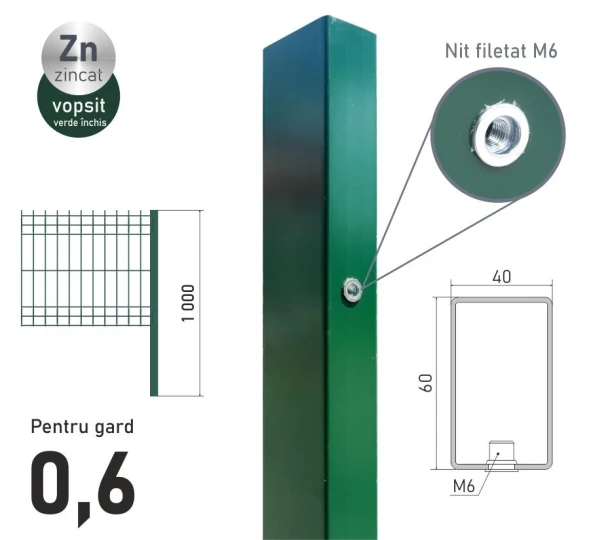 Столб оцинкованный ЕСО 06 (60х40x1,2) L-1,0м крашенный RAL6005 - image 1