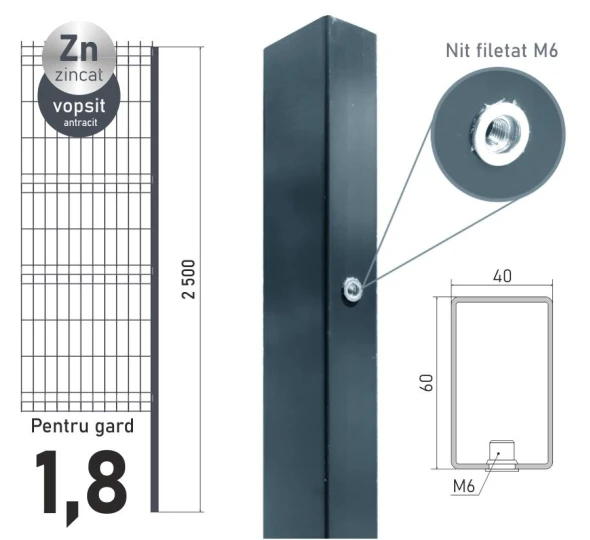 Столб оцинкованный ЕСО 20 (60х40x1,2) L-2,5м крашенный RAL7016 - image 1