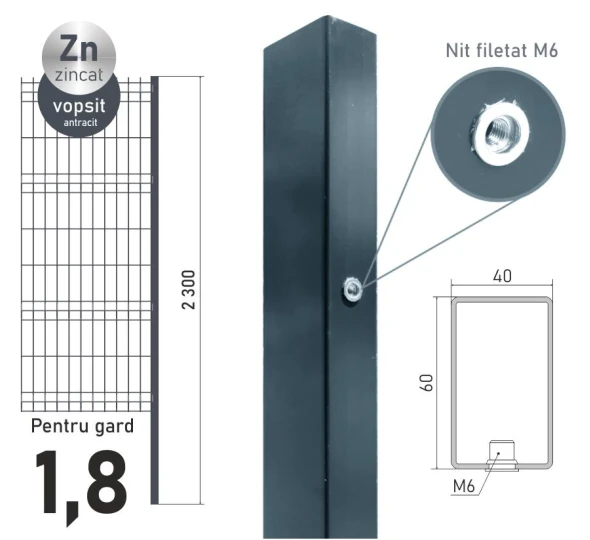 Столб оцинкованный ЕСО 18 (60х40x1,2) L-2,3м крашенный RAL7016 - image 1