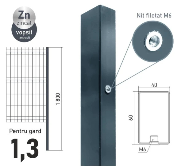 Столб оцинкованный ЕСО 13 (60х40x1,2) L-1,8м крашенный RAL7016 - image 1