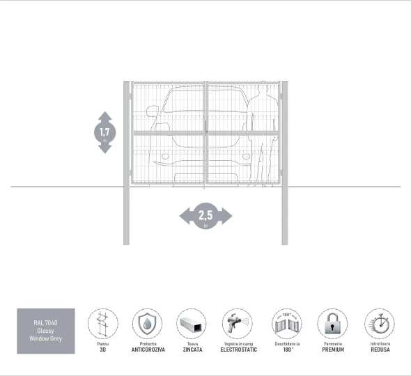 Poarta auto batanta OPTIMA 3D H-1,7m L-2,5m (D100) RAL7040 - image 1