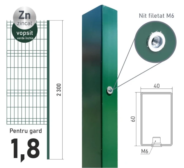 Столб оцинкованный ЕСО 18 (60х40x1,2) L-2,3м крашенный RAL6005 - image 1