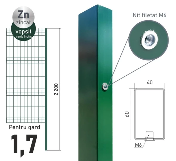Столб оцинкованный ЕСО 17 (60х40x1,2) L-2,2м крашенный RAL6005 - image 1